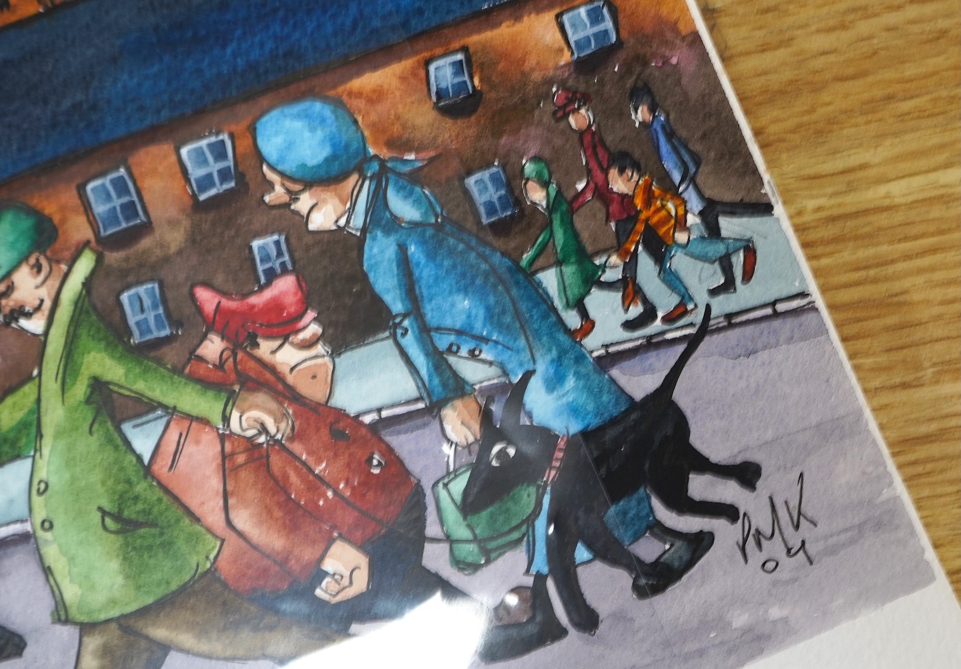 Paul M. Kiernan (contemporary), ‘Rush Hour’ and ‘Original Lowry Style’, initialled and dated ‘09, inscribed verso, two Modern British watercolour cartoons, unframed, 21 x 32cm
